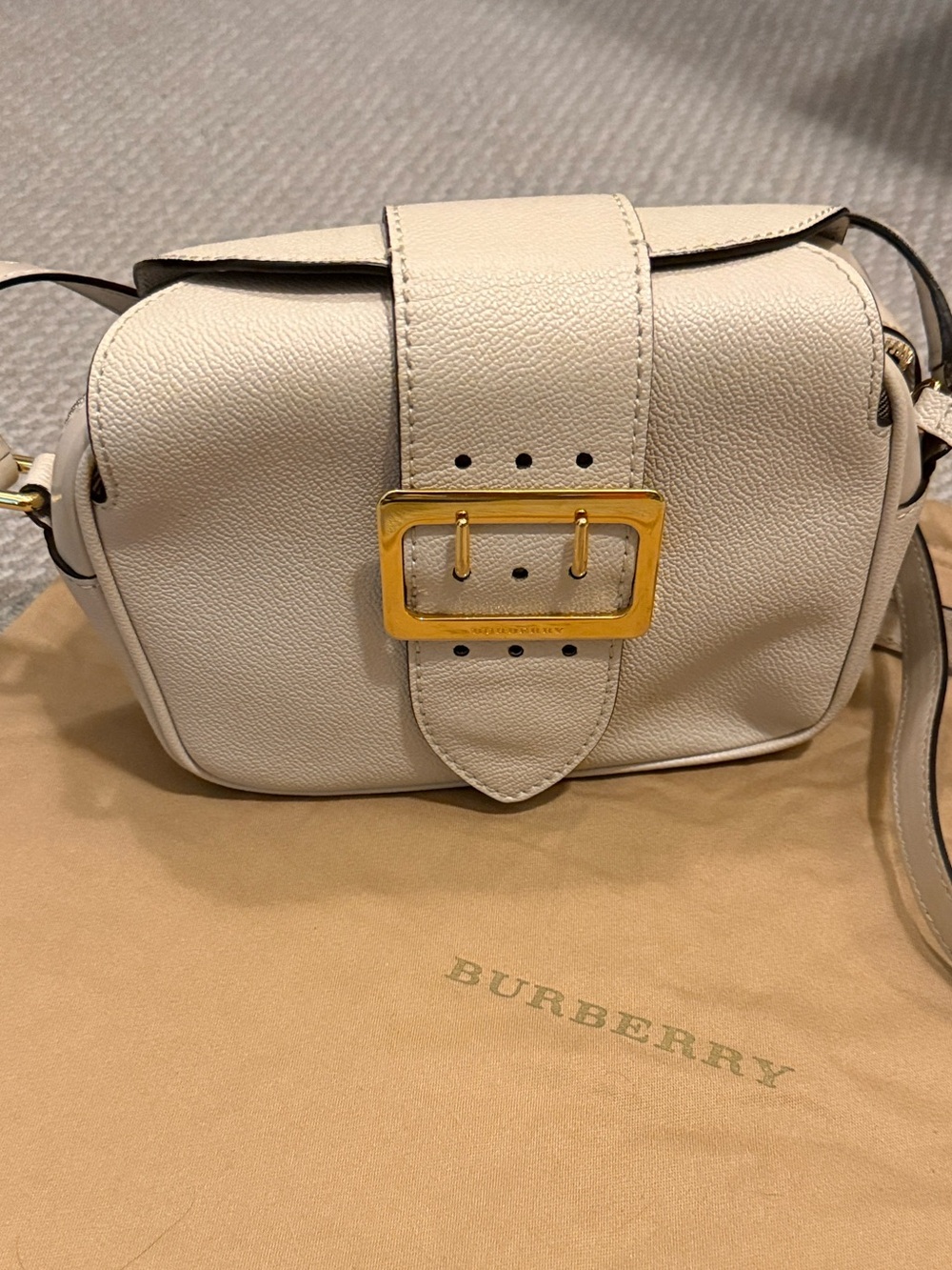 Burberry Cream Leather Crossbody with Gold Buckle Accent